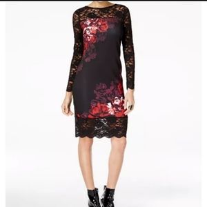 Thalia Sodi Dress Floral Scuba Sheath Black Lace Long Sleeves & Hem Size  XL